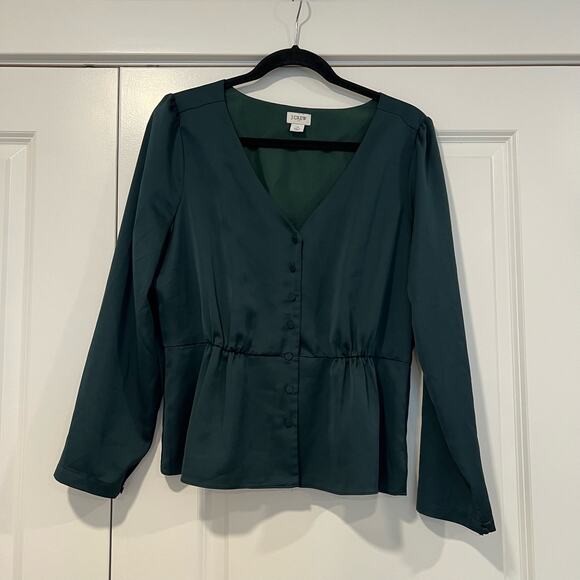 J Crew Women's Longsleeve Blouse with Buttons Emerald‎ Green Size 14 - Picture 1 of 8